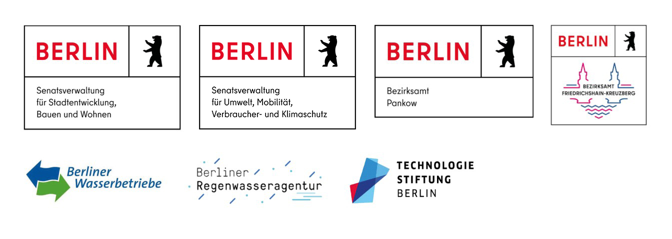 Logoleiste Smartwater SenSBW, SenUMVK, BA Pankow, BA Friedrichshain-Kreuzberg, Berliner Wasserbetriebe, Berliner Regenwasseragentur, Technologiestiftung Berlin